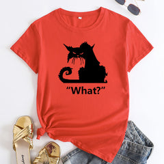 Casual What Cat Print Cotton Round Neck T-shirt