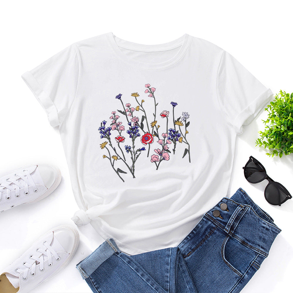 Creative Women's Floral Print Round Neck T-shirt