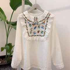 Sweet Girls Double-layer Floral Embroidered Pullover Shirt