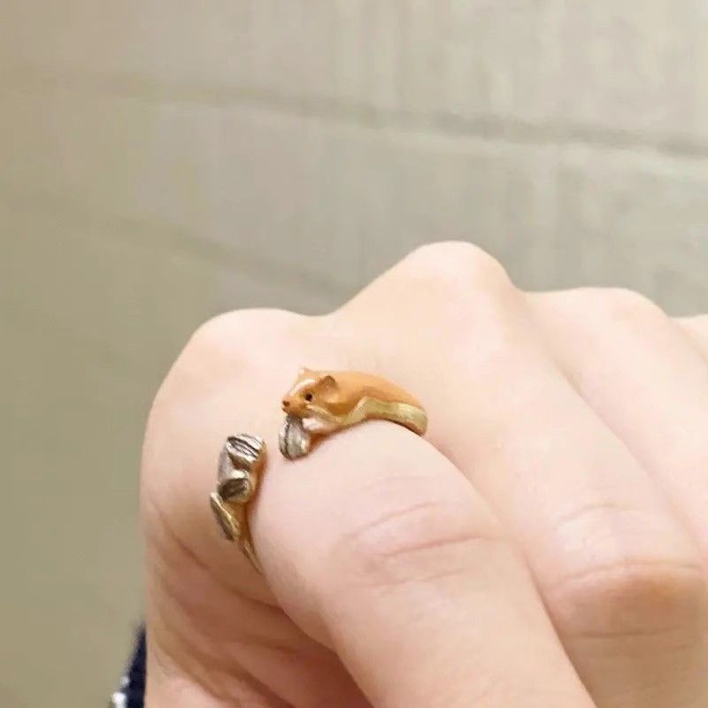 Cute Little Squirrel Swallowing Melon Seeds Open Ring