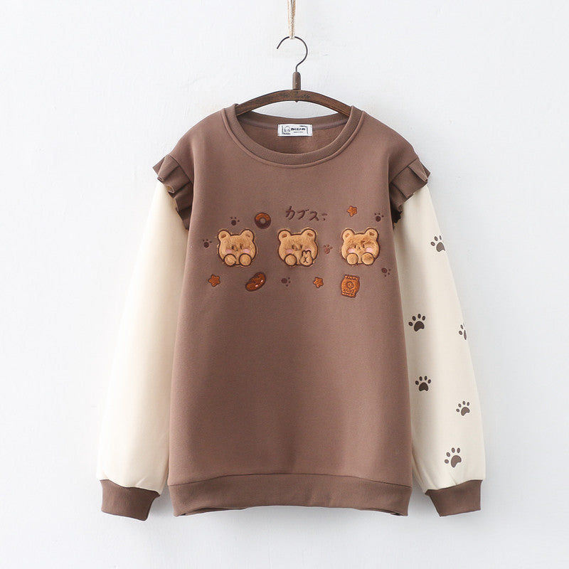 Japanese Mori Cartoon Bears Embroidery Velvet Round Neck Sweatshirt