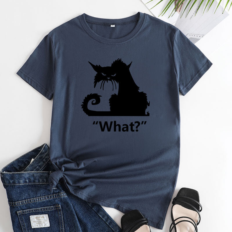 Casual What Cat Print Cotton Round Neck T-shirt