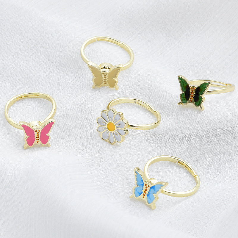 Rotating Flower Butterfly Adjustable Open Ring