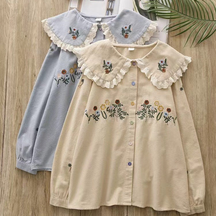 Fresh Floral Embroidery Lace Doll Collar Brushed Blouse