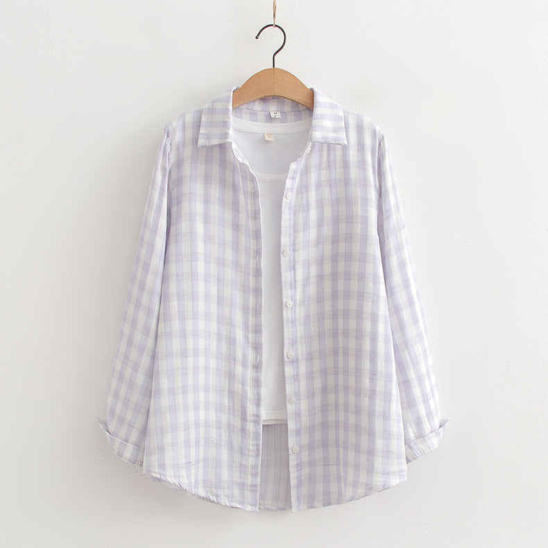 Japanese Style Women's Plaid Loose Long Sleeved Shirt