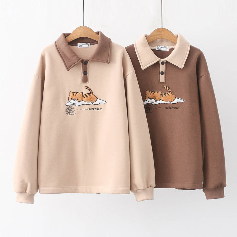 Cartoon Cat Embroidered Plush Thickened Polo Collar Sweatshirt