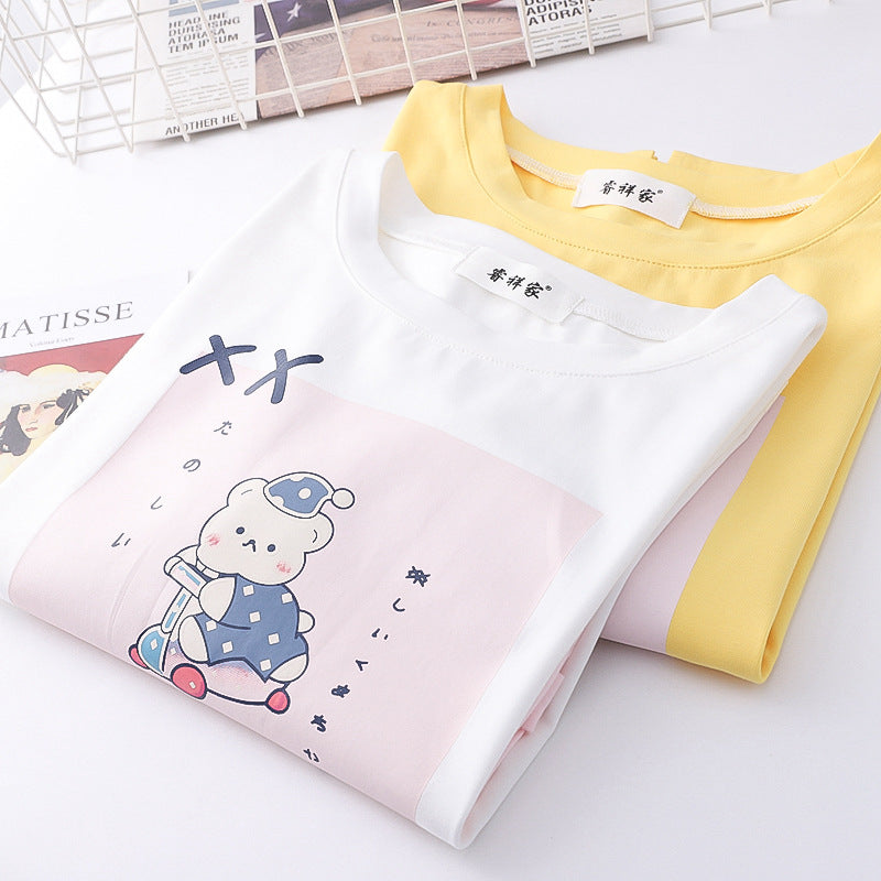 Japanese Style Cartoon Color Block Scooter Bear Print T-shirt