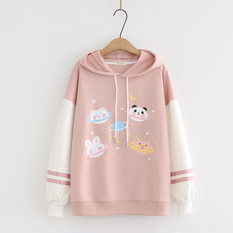 Kawaii Women's Cartoon Planet Animals Color Block Hoodie