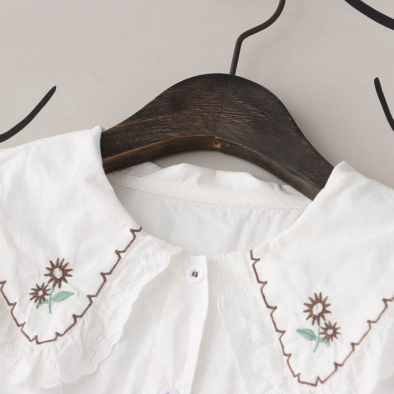 Women's Floral Sunflower Embroidered Doll Collar Shirt