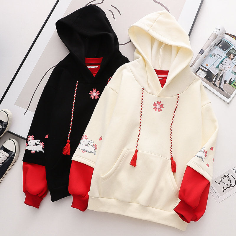 Kawaii Women's Rabbit Print Plush Thickened Hoodie