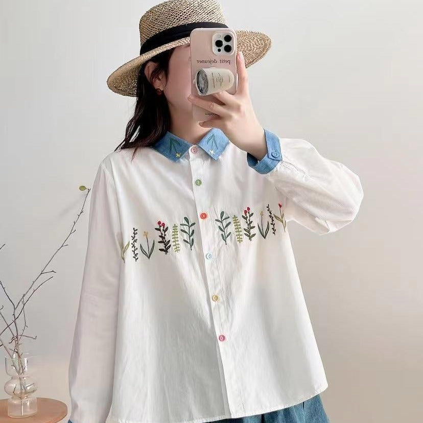 Spring Women's Versatile Floral Embroidered Shirt