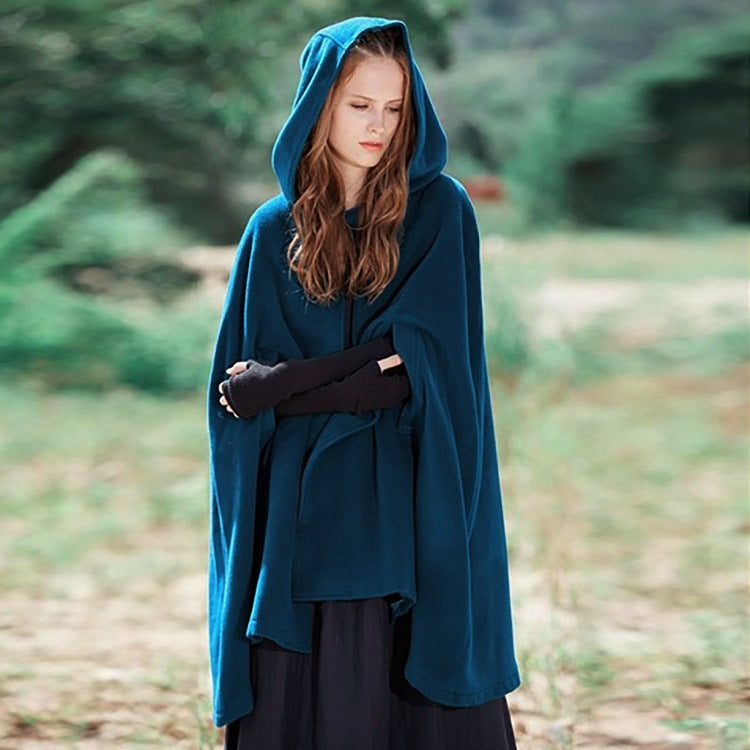 Women's Loose Hooded Button Woolen Shawl Cloak