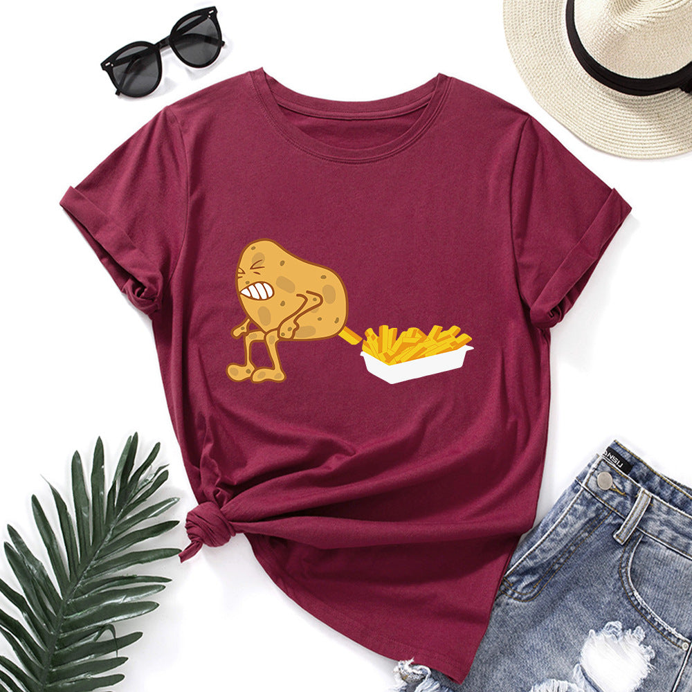 Women's Spoof Potato Fries Print Crew Neck T-shirt