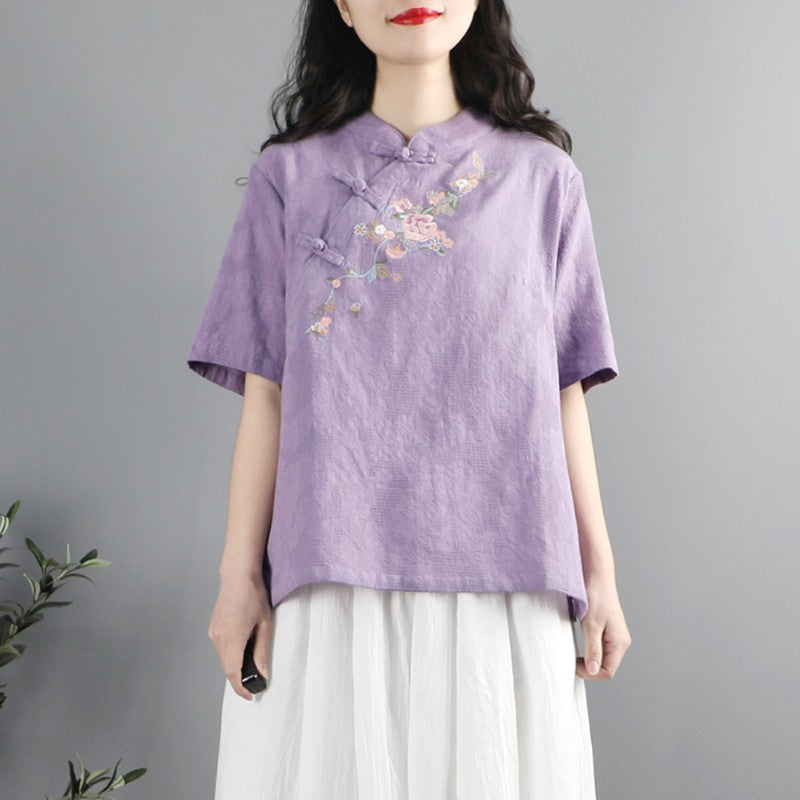 Ethnic Style Floral Embroidered Button Top T-shirt