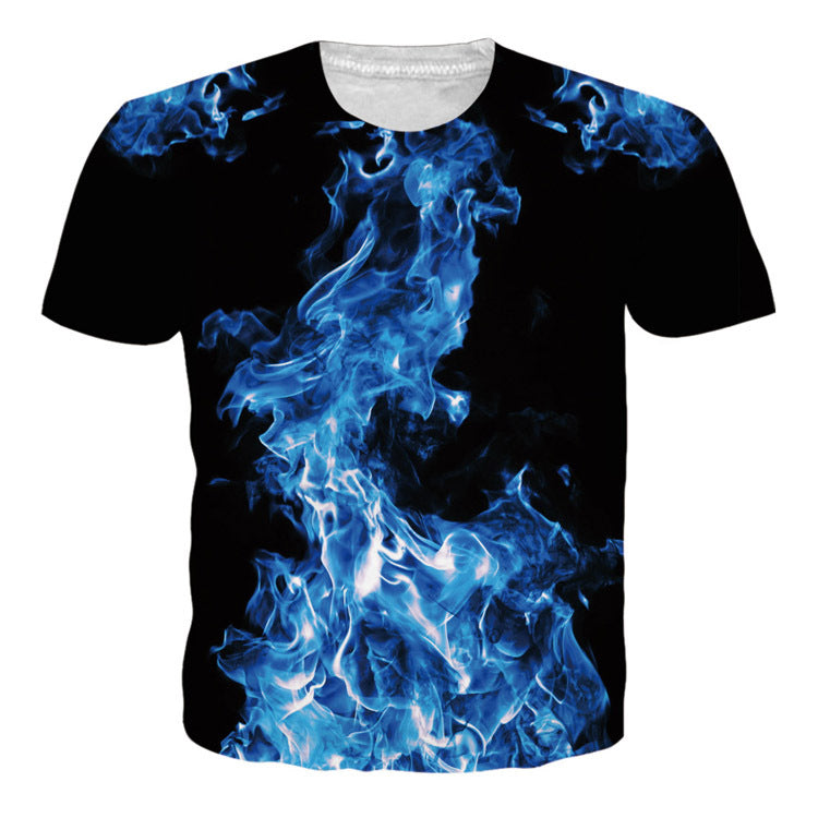 Men's Flame Skull Digital Printed Round Neck T-shirt