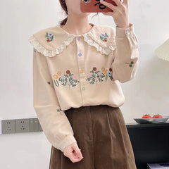 Fresh Floral Embroidery Lace Doll Collar Brushed Blouse