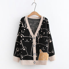 Cartoon Cat Jacquard Knit Cardigan Sweater