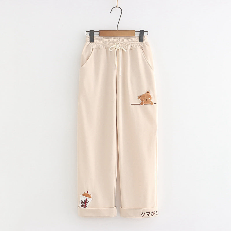 Kawaii Cartoon Milk Tea Bear Embroidered Leisure Pants