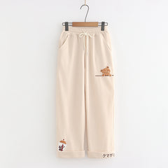 Kawaii Cartoon Milk Tea Bear Embroidered Leisure Pants