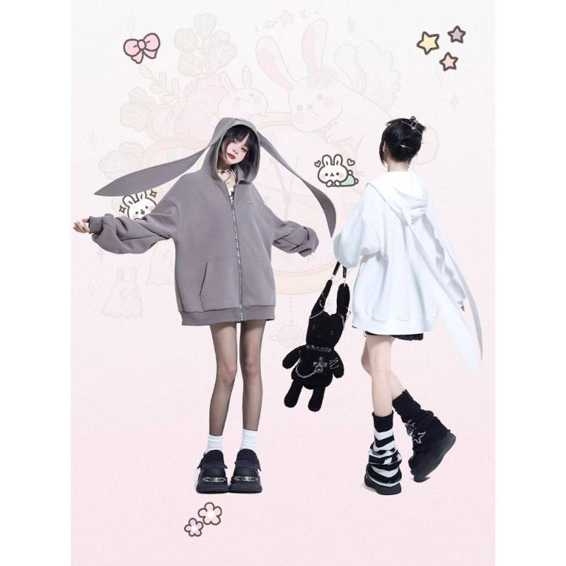 Long Bunny Ears Pocket Oversize Zipper Hoodie