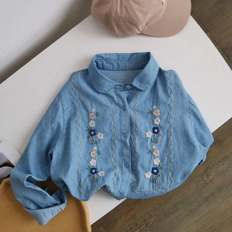 Japanese Style Flower Embroidery Washed Denim Long Sleeved Shirt