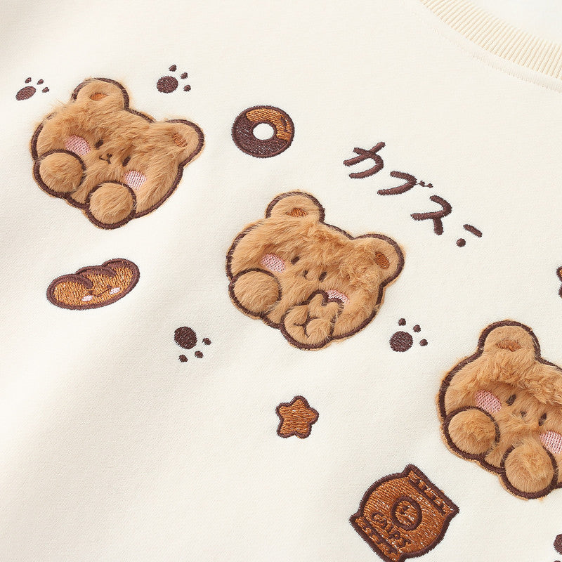 Japanese Mori Cartoon Bears Embroidery Velvet Round Neck Sweatshirt