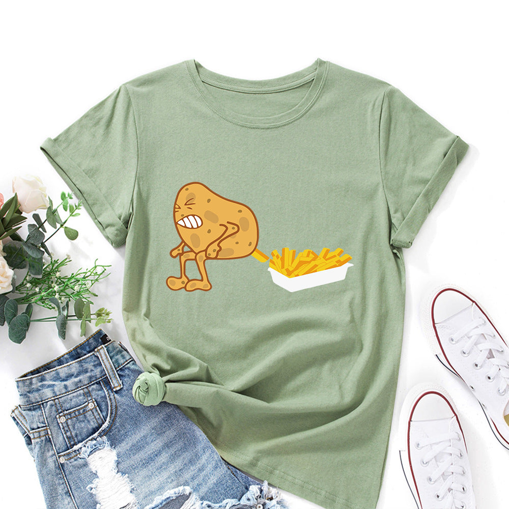 Women's Spoof Potato Fries Print Crew Neck T-shirt