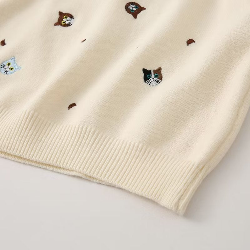 Cartoon Cat Embroidery Sleeveless Knitted Vest