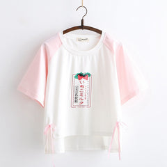 Sweet Cartoon Strawberry Drink Pullover T-shirt