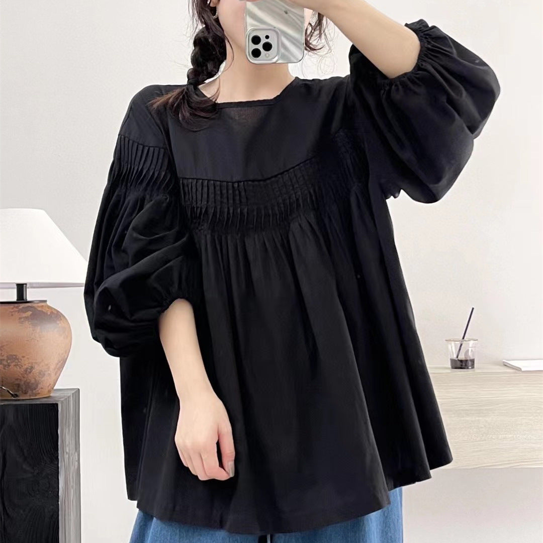 Women's Lantern Sleeve Pleated Lace-up Doll Shirt