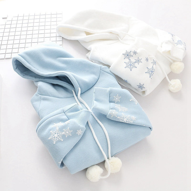 Japanese Style Snowflake Print Drawstring Warm Hoodie