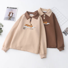 Cartoon Cat Embroidered Plush Thickened Polo Collar Sweatshirt