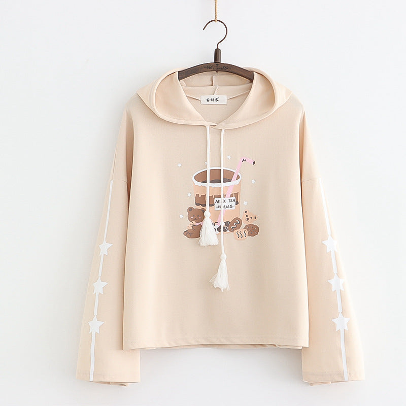 Cute Girls Bear Milk Tea Print Pullover Hoodie