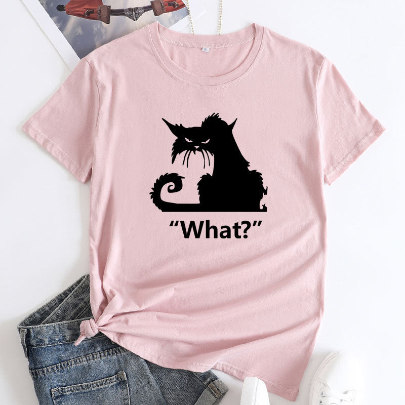 Casual What Cat Print Cotton Round Neck T-shirt