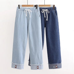 Kawaii Rabbit Embroidery Plush Thickened Wide Leg Jeans