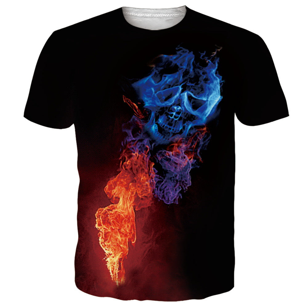 Men's Flame Skull Digital Printed Round Neck T-shirt