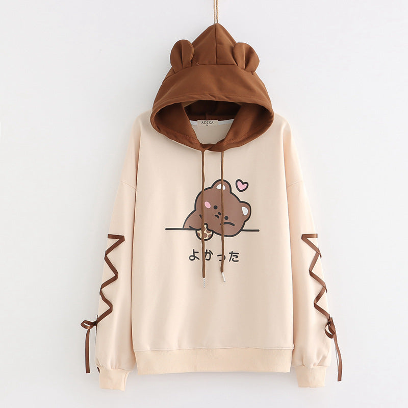 Cute Bear Ears Lace-up Long-sleeved Hoodie