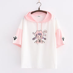 Cute Cartoon Girl Printed Color Block Hooded T-shirt