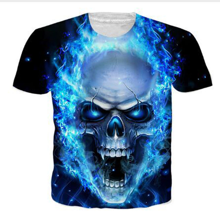 Men's Flame Skull Digital Printed Round Neck T-shirt