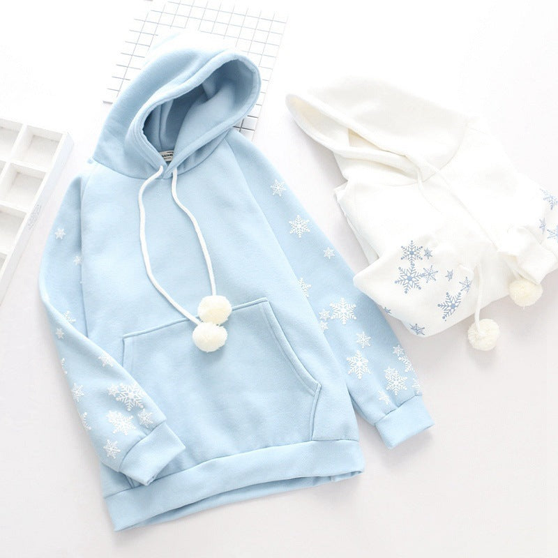 Japanese Style Snowflake Print Drawstring Warm Hoodie