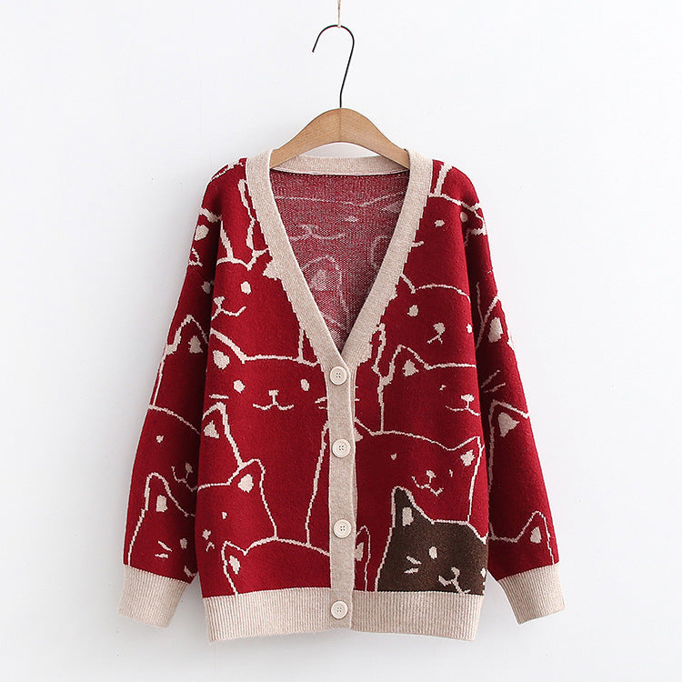 Cartoon Cat Jacquard Knit Cardigan Sweater