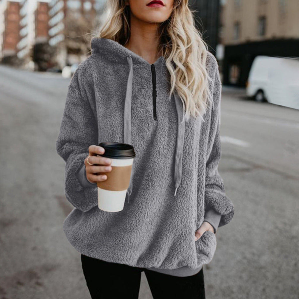 Trendy Women's Solid Color Plush Loose Hoodie