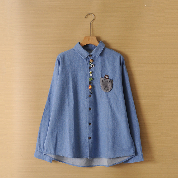 Versatile Girls Pocket Bear Embroidery Long Sleeve Shirt