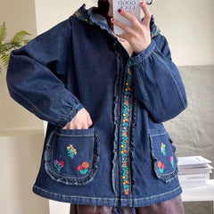 Retro Style Floral Embroidered Hooded Denim Jacket