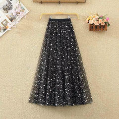 Women's Starry Sky High Waist Slim A-line Mid length Skirt