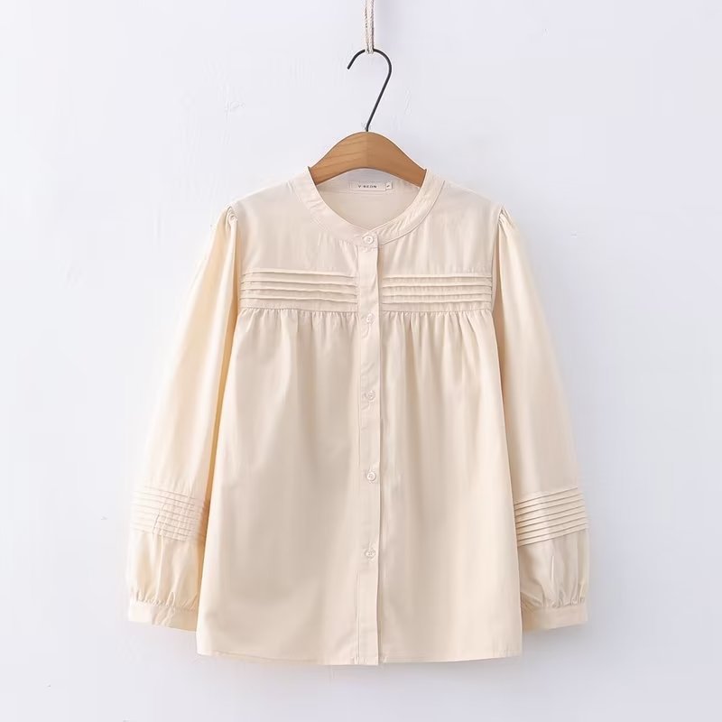 Women's Pleated Round Neck Solid Color Shirt