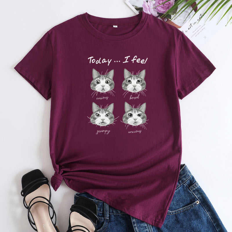 Women's Cat Mood Print Round Neck T-shirt