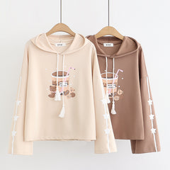 Cute Girls Bear Milk Tea Print Pullover Hoodie