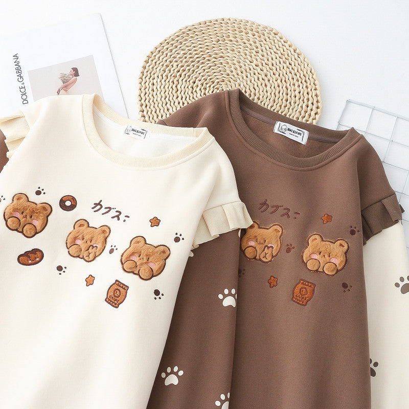 Japanese Mori Cartoon Bears Embroidery Velvet Round Neck Sweatshirt