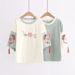 Japanese Style Cherry blossoms Embroidered T-shirt